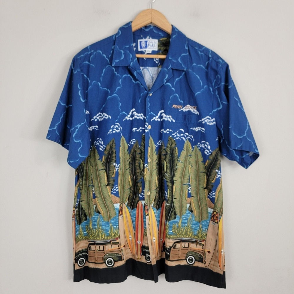 RJC Hawaiian Shirt Mens XL Blue Tropical Button Up‎ Collared Short Sleeve